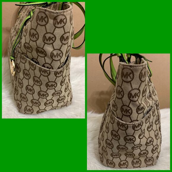 MICHAEL KORS JET SET Vintage Khaki Signature Canvas Pocket Tote w/Green Trim - Picture 3 of 16